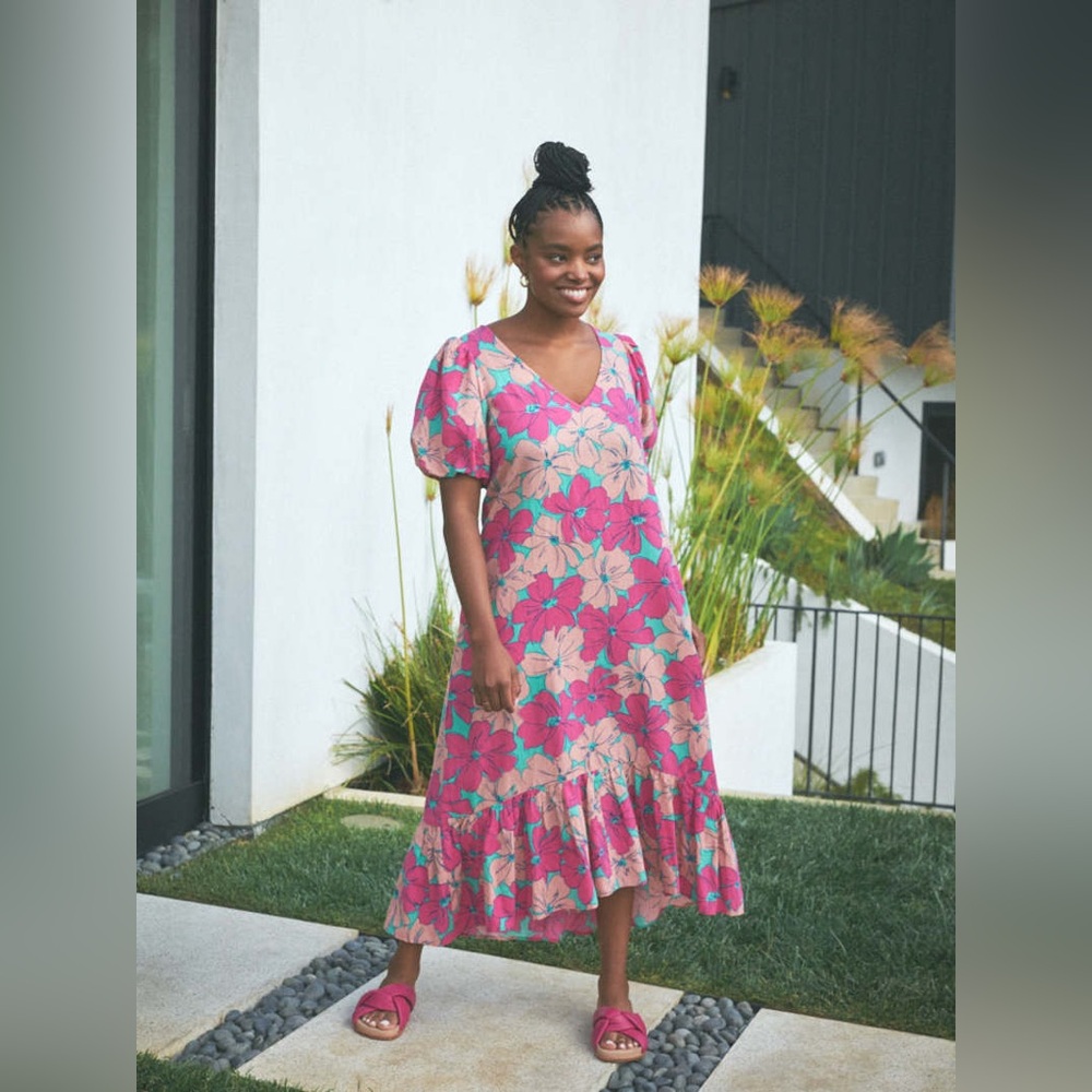 The Odell's Oh Joy! Julia Womens Large Maxi Dress Pink Flora ruffle hem